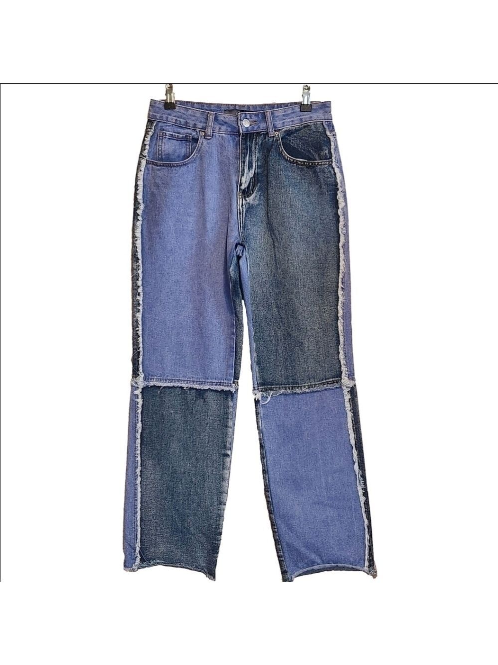 CALI1850 HIGH RISE TWO-TONE PATCHWORK JEAN FRAYED SEAMS SIZE 27 EUC